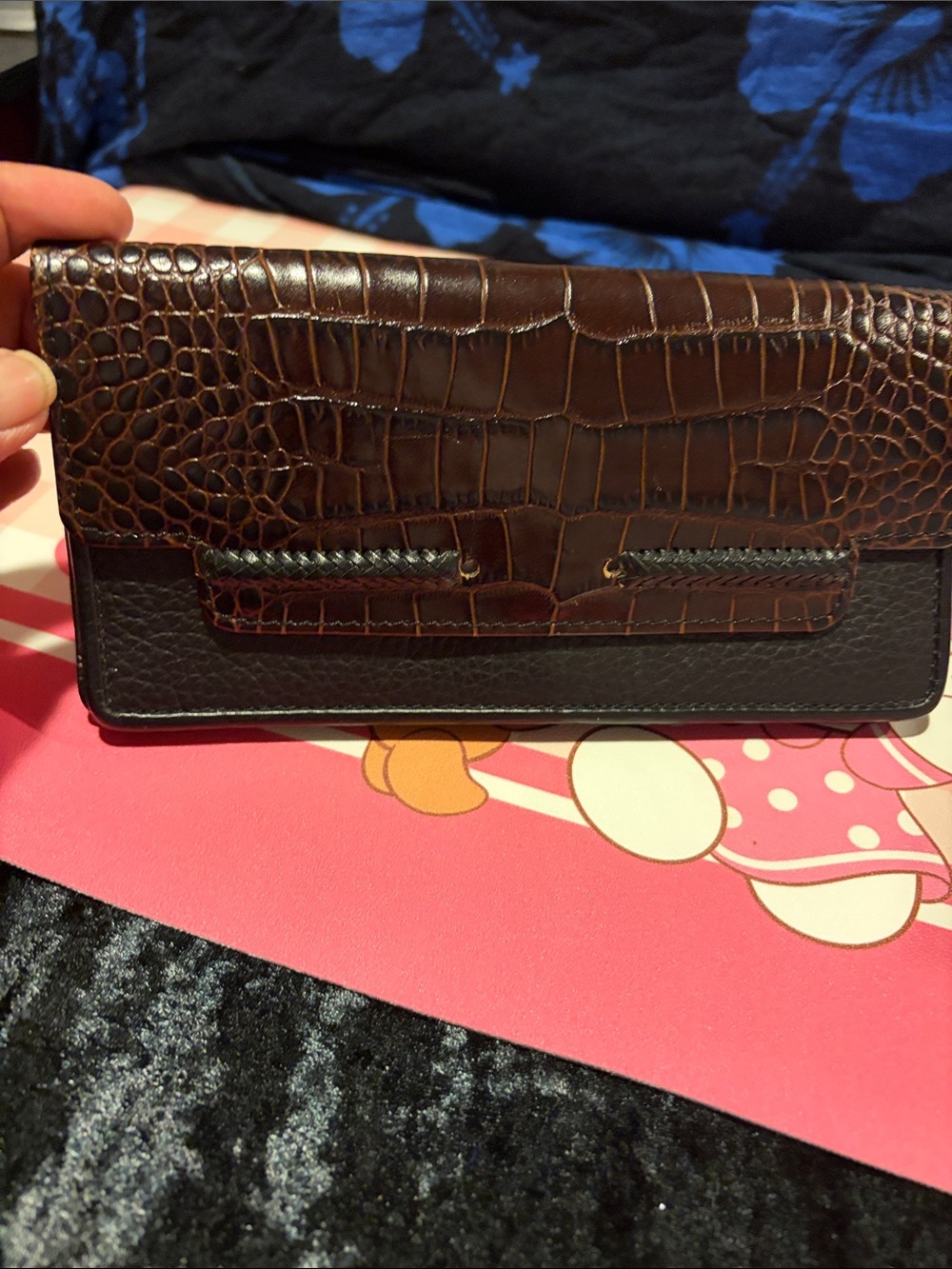 Brighton Dark Brown Croc-Embossed Leather Wallet with Braided Accent